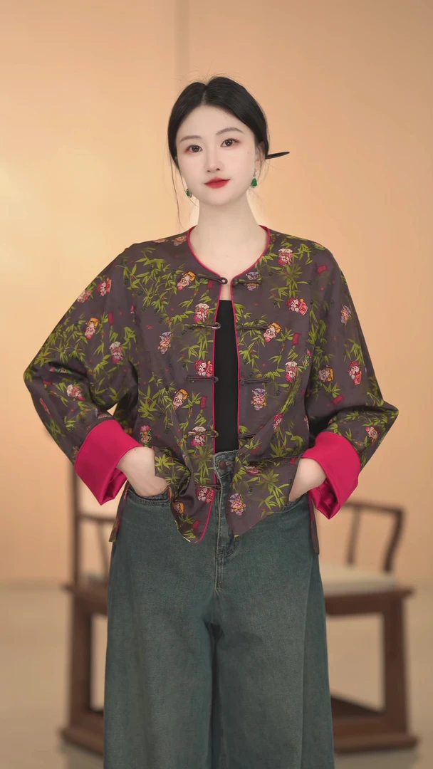 【小财神】秋冬时尚百搭复古冬季外套提花气质新中式斜襟圆领中国风