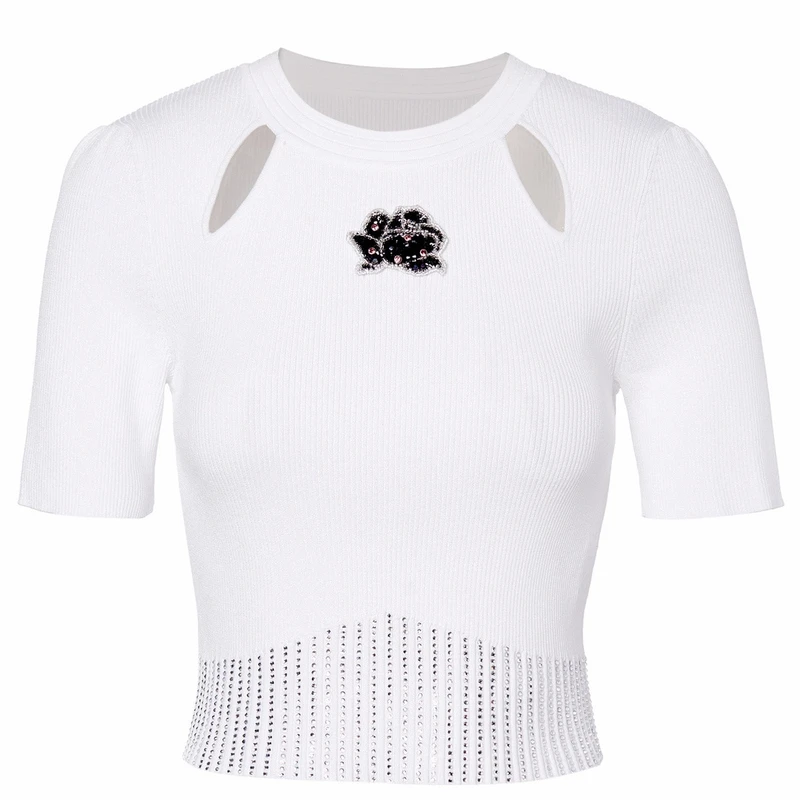 MAXRIENY甜辣风辣妹套头针织镂空设计百搭修身夏季上衣针织衫白色