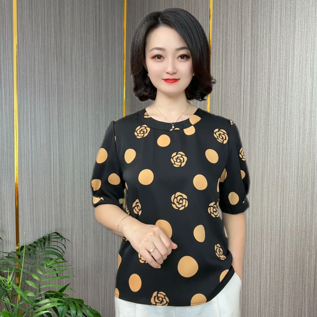 （8208）印花圆领透气夏季减龄休闲女士上衣