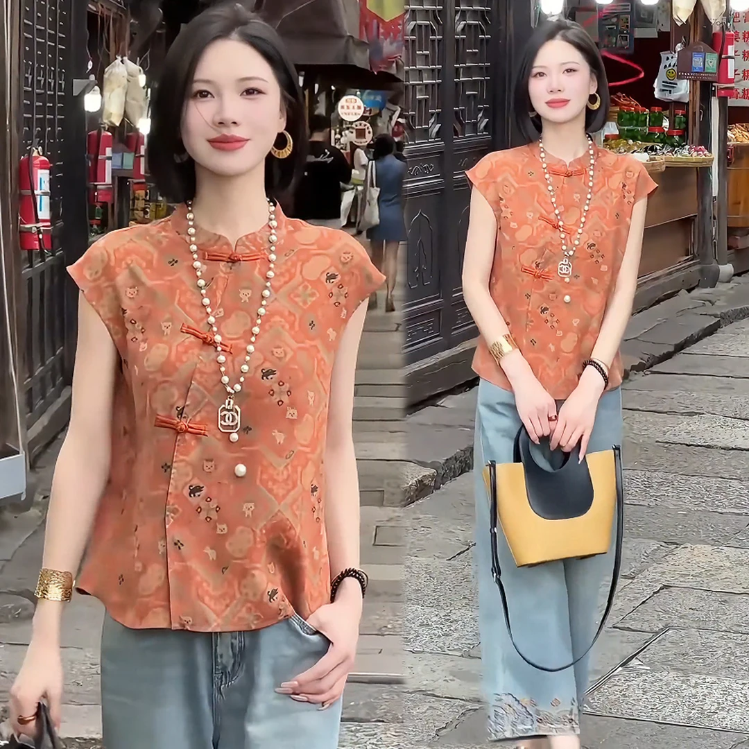 新中式国风碎花衬衫女2025夏季新款短袖斜襟盘扣缎面提花百搭上衣