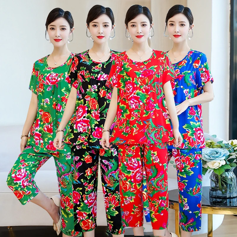 棉绸套装女夏季薄款短袖中老年妈妈网红大花时尚七分裤睡衣两件套