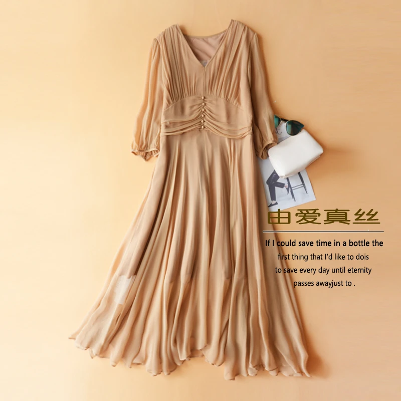 100%桑蚕丝连衣裙夏季新款度假风出游拍照收腰显瘦温柔风真丝长裙