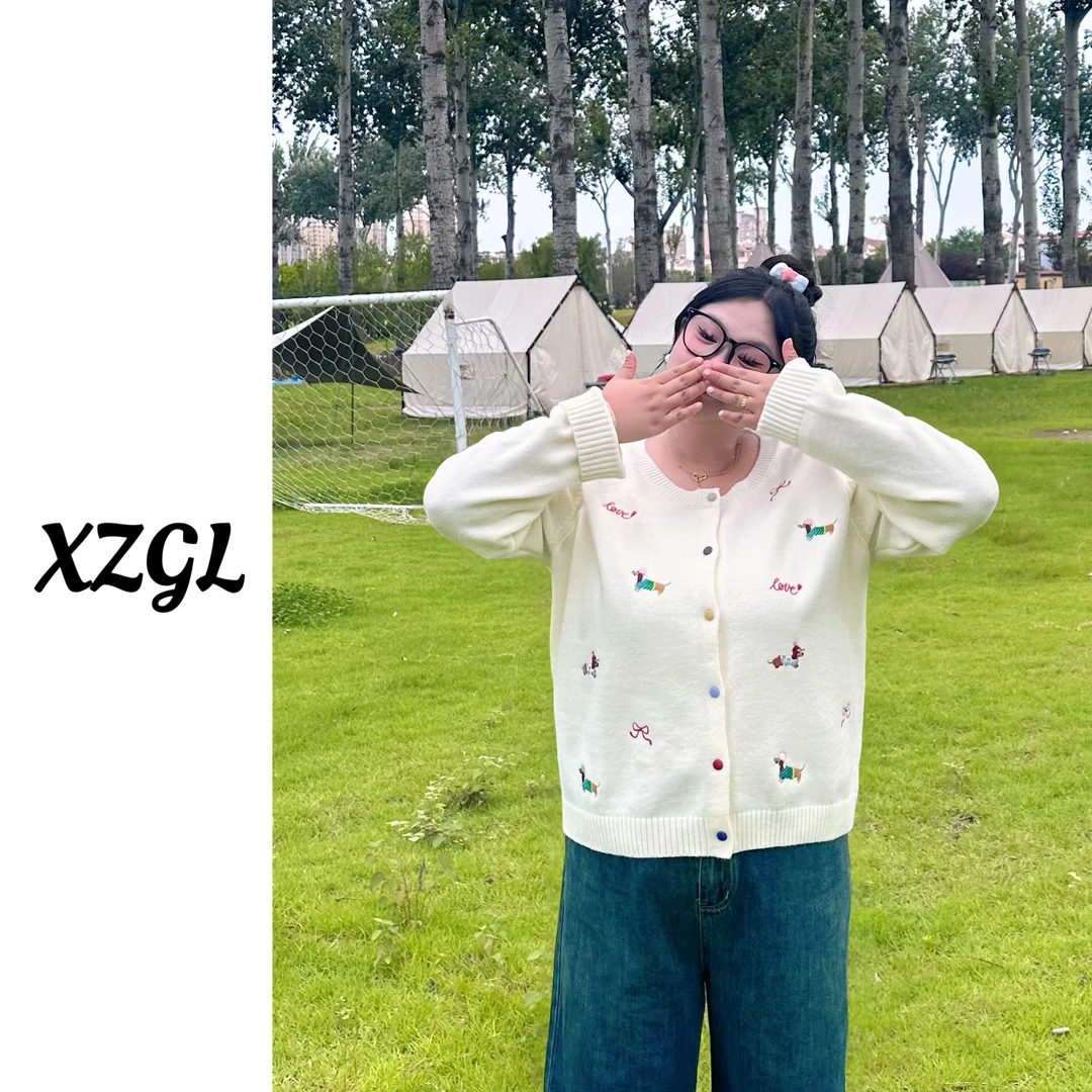 【小猪专属】2025年秋大码女装显瘦胖MM彩扣卡通小狗开衫毛衣-F603
