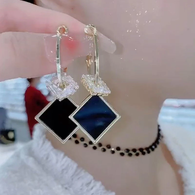 925银耳饰 防过敏黑色几何菱形长款流苏耳环新款气质简约百搭耳坠