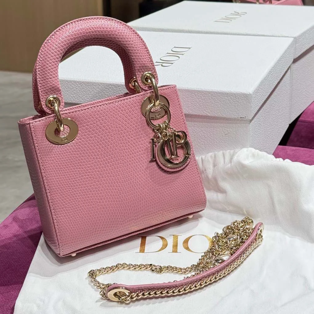 99新 DIOR/迪奥 干枯玫瑰粉金扣 蜥蜴三格戴妃包