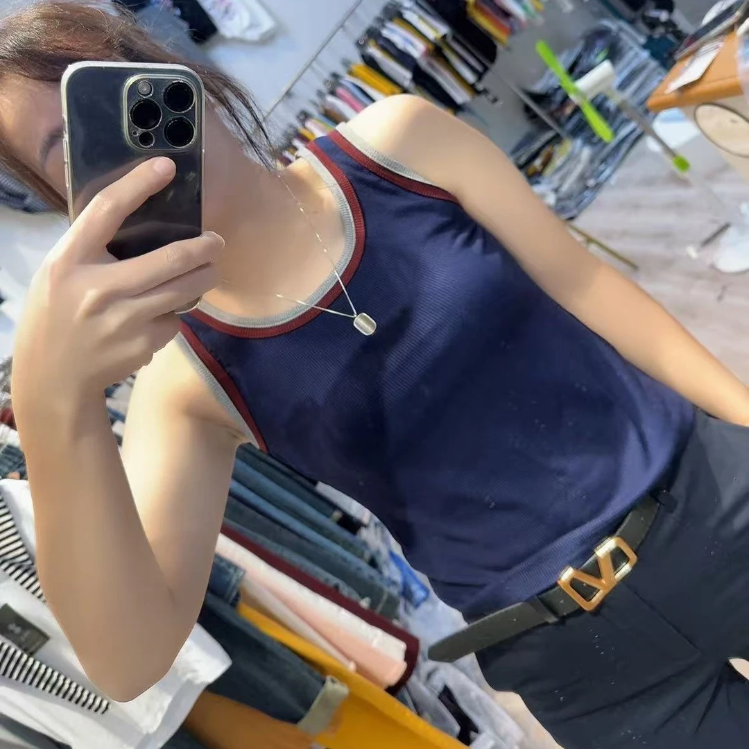 撞色拼接吊带背心女款无袖女夏季新款韩版时尚修身上衣外穿221