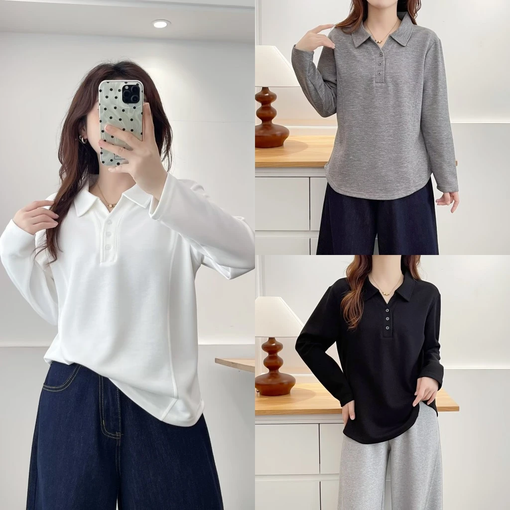 100-200斤大码女装胖mm秋新款洋气百搭三粒扣翻领显瘦长袖T恤2558