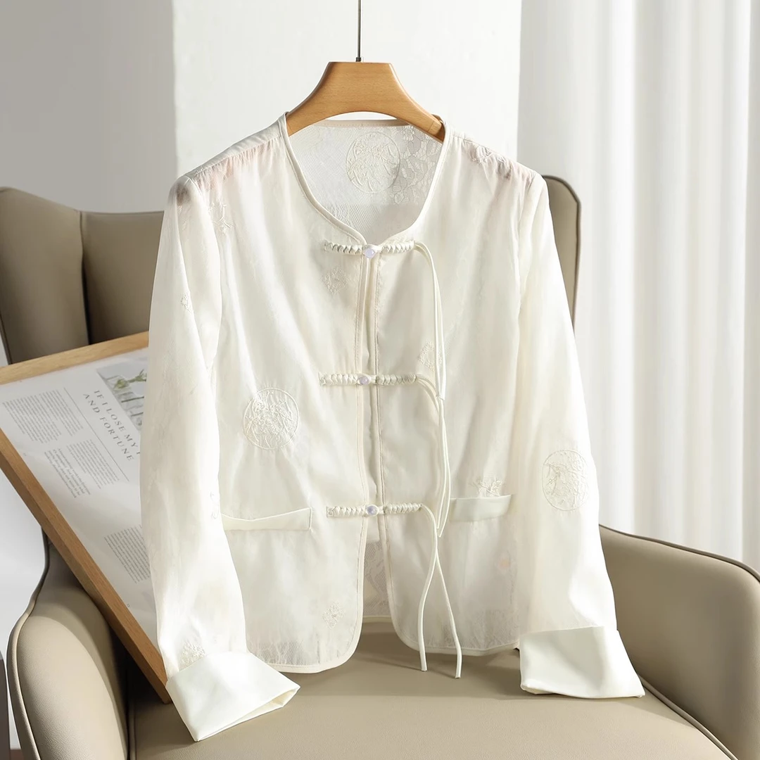 专柜25春品牌折扣国风改良清雅对襟盘扣蕾丝刺绣轻薄外套春女011