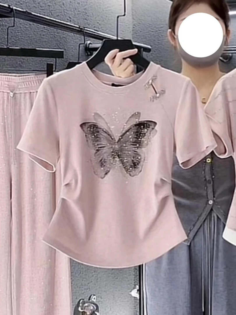 新中式国风盘扣蝴蝶短袖T恤女夏大码胖mm减龄别致不规则收腰上衣