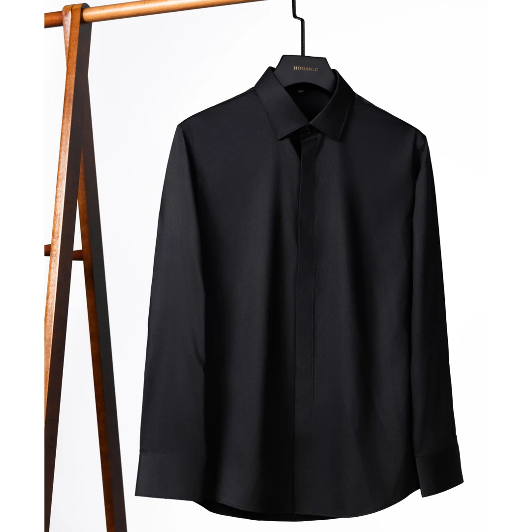 黑色暗扣商务休闲衬衫长袖设计修身男士穿搭时尚必备纯色春秋衬衣