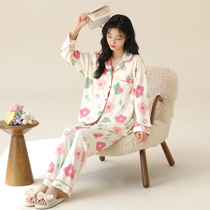 2025年春秋季开衫新款长袖休闲文艺风翻领可爱外穿宽松家居服套装