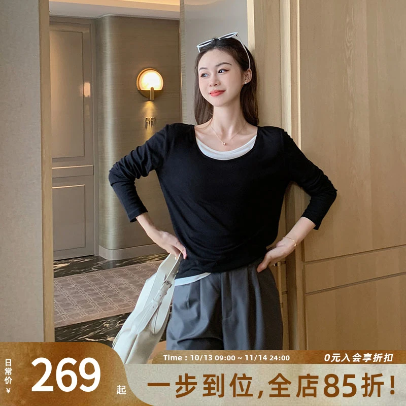 【现货】美洋MEIYANG双层面膜T恤 桑蚕丝莱赛尔假两件拼接T显瘦春秋