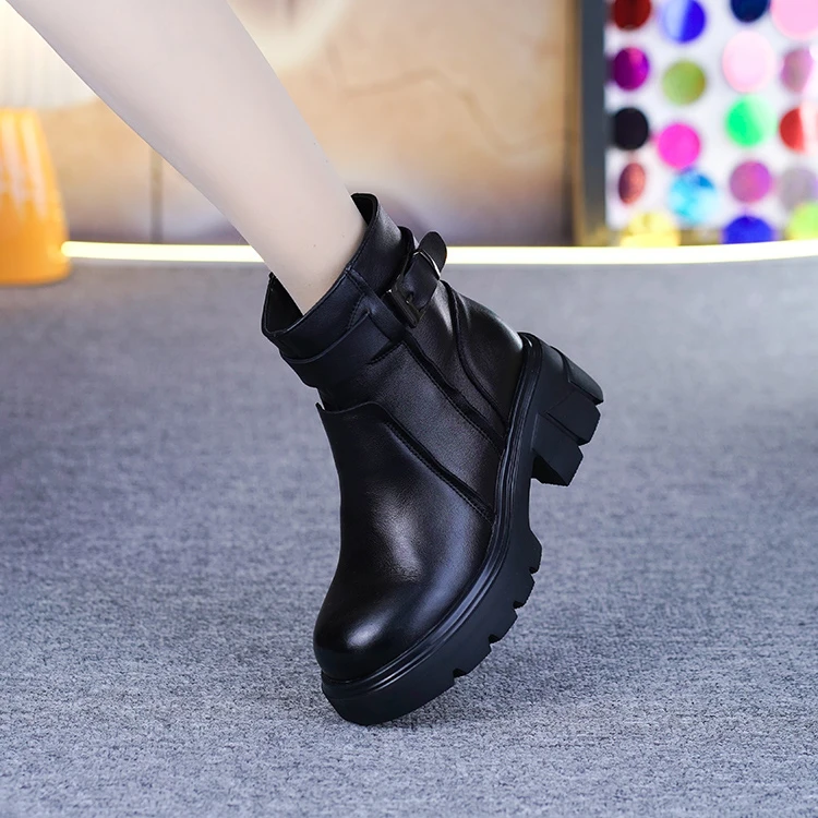 真皮粗跟马丁靴女秋冬新款头层牛皮加绒厚底切尔西短靴英伦风棉靴