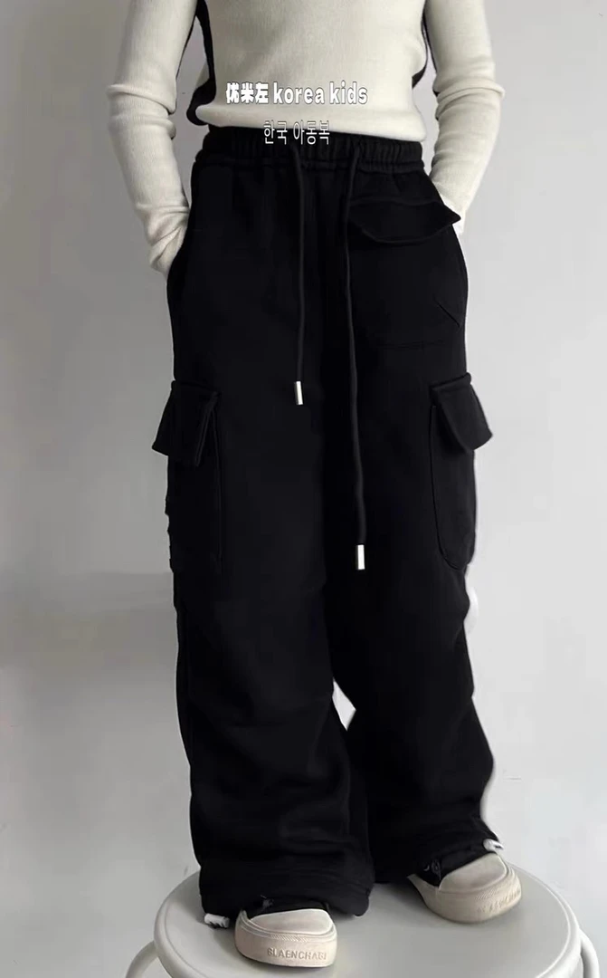 8265儿童新款加绒休闲工装裤字母百搭直筒裤