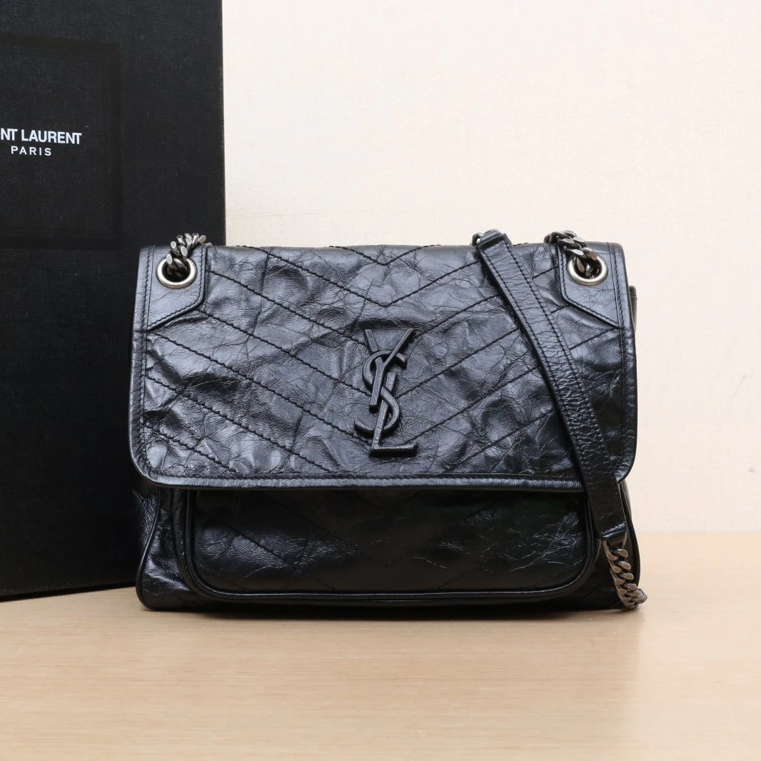 99新 YSL/圣罗兰 【娇Niki中号28黑色皮革C银扣 683662