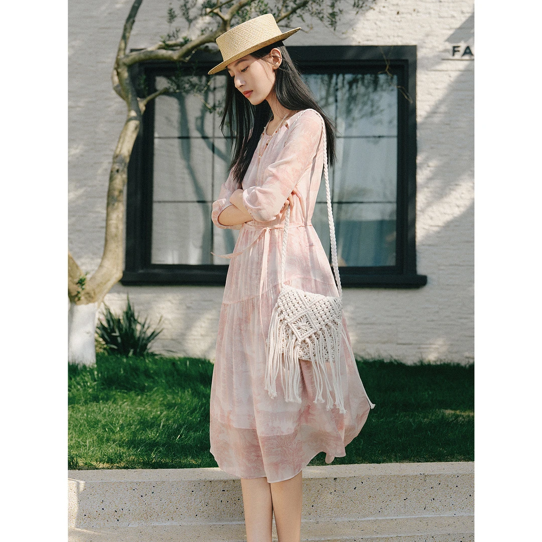 【100%桑蚕丝】玖姿安娜蔻KWFX50060山水印花收腰连衣裙女2025夏