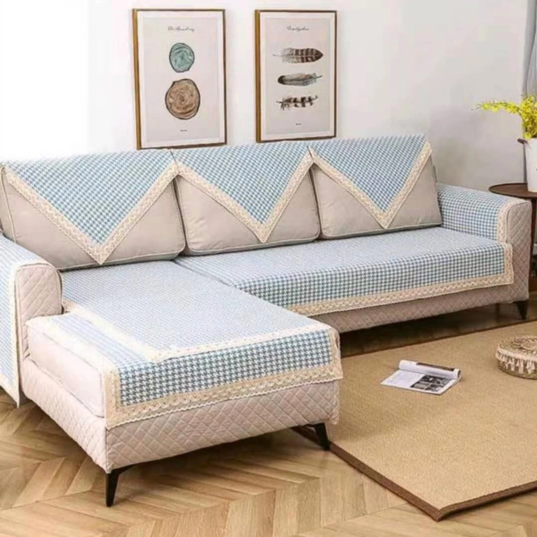 老粗布【沙发巾靠背巾】<1条装><蓝色千鸟>90X90cm<±5cm>棉麻