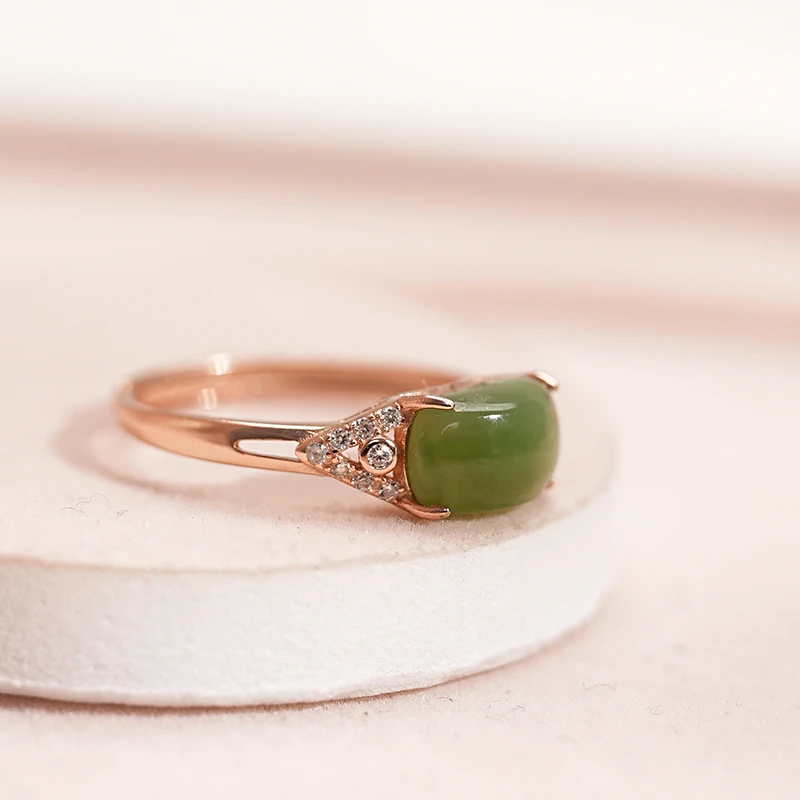 新疆和田玉碧玉玫瑰金镶碧玉戒指素款精致简约时尚轻奢