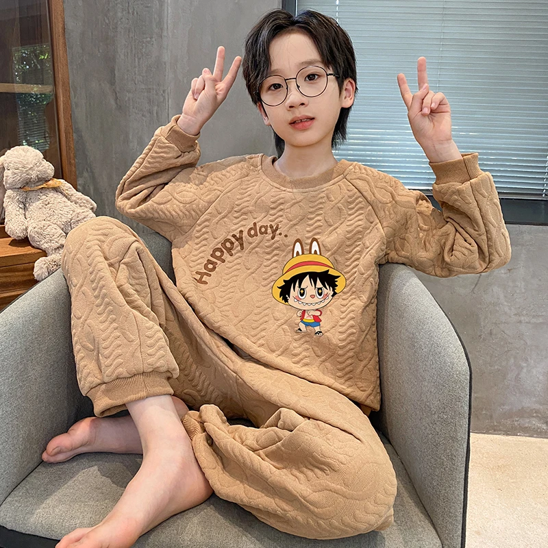青少年睡衣男童秋冬季三层薄款空气棉夹层简约男孩保暖家居服套装
