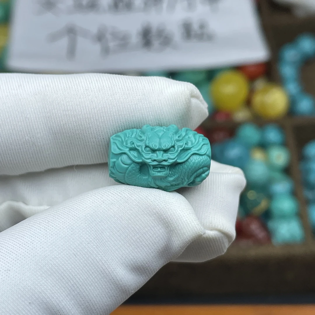 【A51】18x12mm龙桶珠高瓷绿满工精雕散珠文玩配珠配饰
