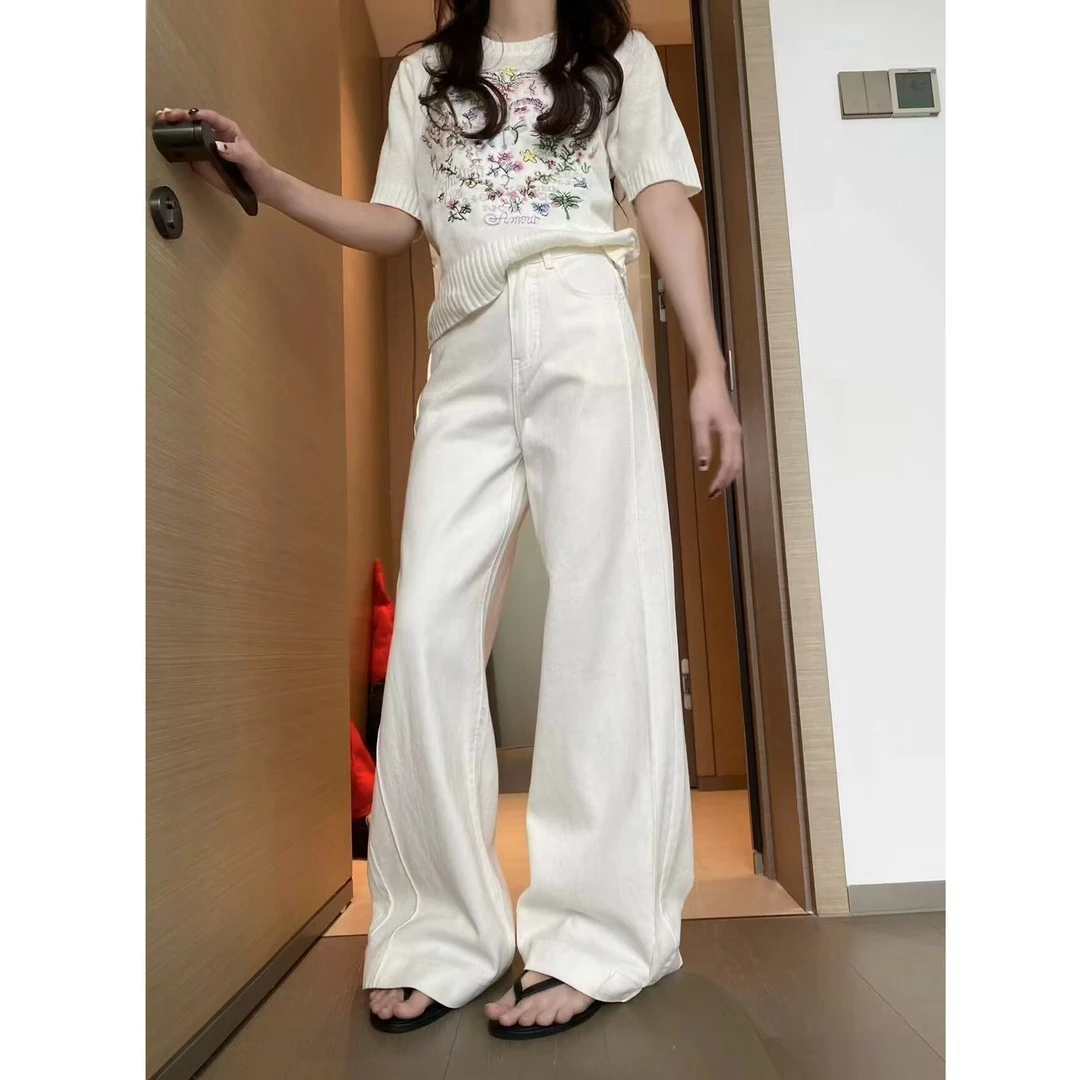 白色高腰阔腿裤微喇牛仔裤女2025春秋新款修身宽松显瘦拖地裤子女