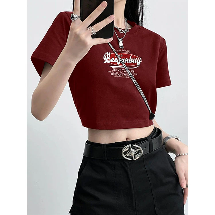 夏日多巴胺穿搭创意印花纯棉正肩短袖T恤女夏季修身显瘦短款上衣