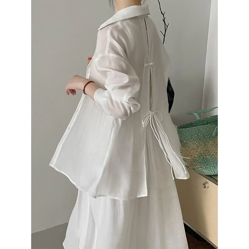 滔川 新中式防晒衫~轻薄飘逸衬衫外套女盘扣系带开叉设计衬衣2521