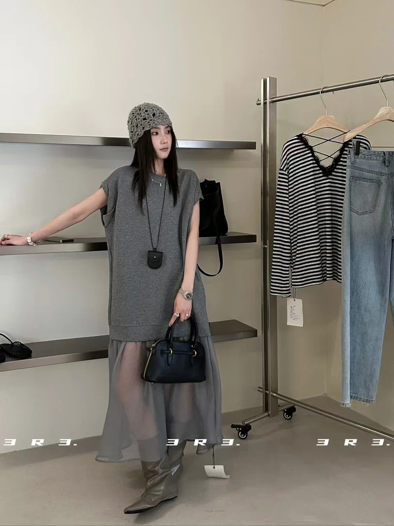 连衣裙女夏装2025新款宽松高级感灰色网纱拼接连衣裙T恤假两件裙