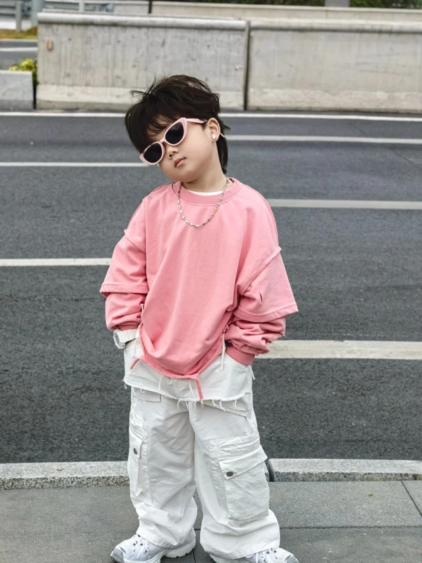 半川童装（春款35146儿童宽松时尚长袖圆领帅气假两件洋气百搭卫衣