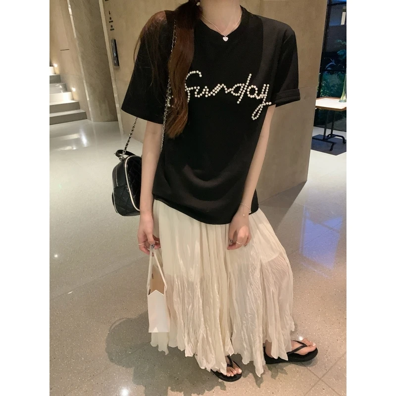 乌77韩版字母钉珠设计感圆领T恤女休闲百搭宽松显瘦短袖上衣夏季