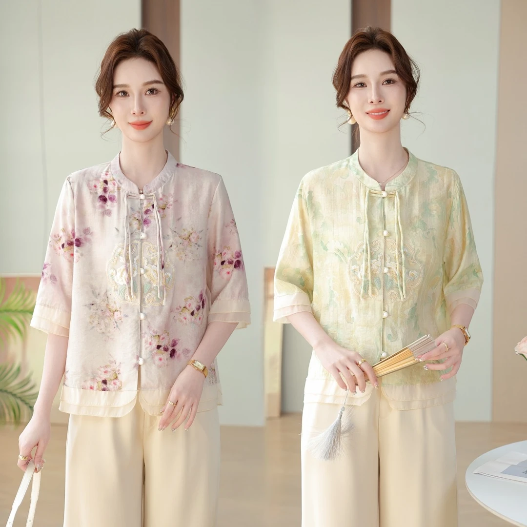 套装夏季新中式中年妈妈装新款中袖衬衫中老年夏装大码洋气上衣女