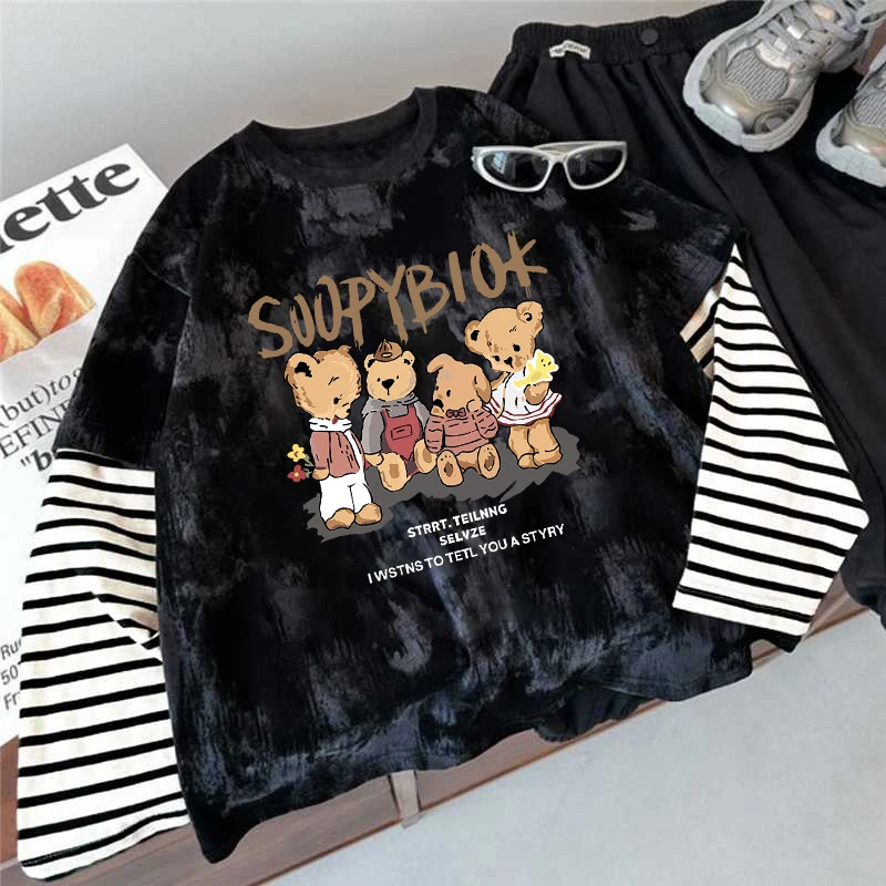 儿童纯棉扎染条纹假两件长袖T恤春秋款休闲打底衫男女童秋装上衣