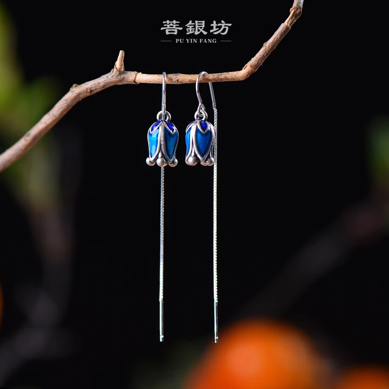 足银珐琅耳饰 【菩银坊】莲花耳线 铃兰花防丢耳线 升级加长版