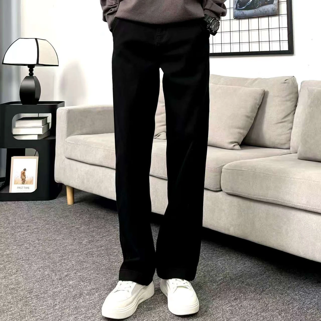 黑色弹力显瘦舒适百搭休闲通勤简约口袋装饰男士直筒牛仔裤潮流