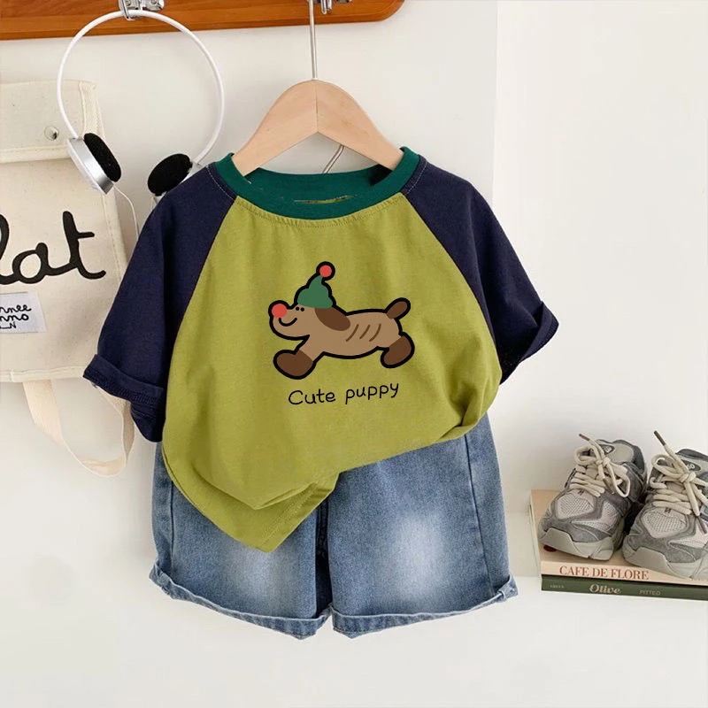 男童可爱狗短袖2024夏季新款宝宝纯棉薄款印花t恤女童休闲上衣潮