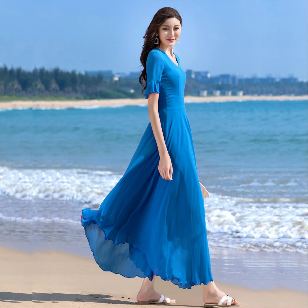 修身短袖雪纺连衣裙女2025夏季款过膝大摆修身时尚超仙沙滩裙长裙