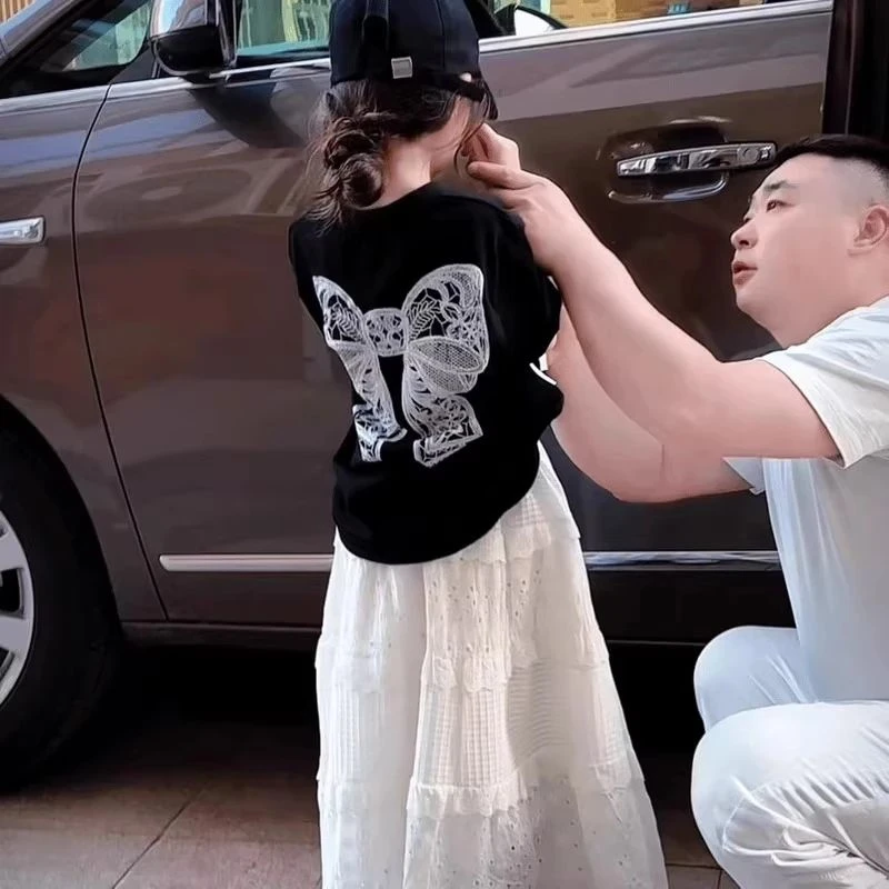 女童夏装套装2025新款韩版时髦短袖T恤中大童花边半身长裙两件套