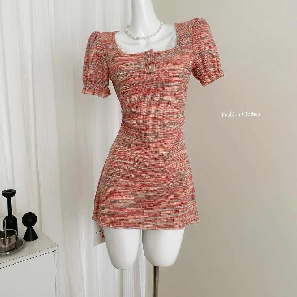 气质条纹针织连衣裙女夏季新款蕾丝拼接甜辣修身显瘦裙子