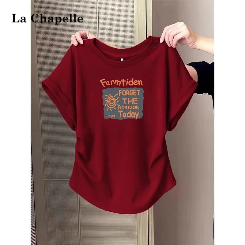 拉夏贝尔不规则圆弧下摆修身显瘦短袖T恤女士夏季纯欲风辣妹圆领