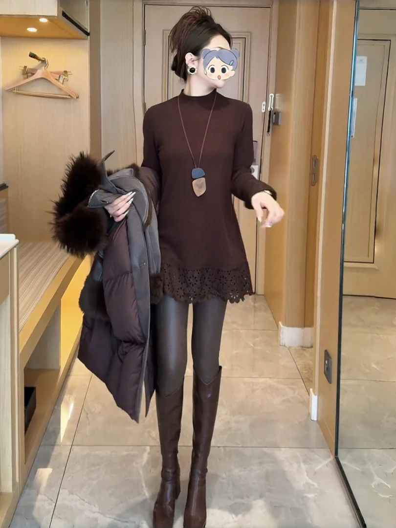 中长款蕾丝花边高级感长袖T恤女秋冬季遮屁股洋气显瘦打底衫上衣