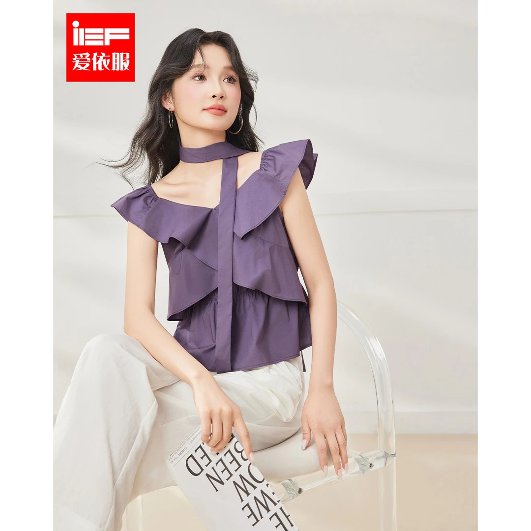 IEF/爱依服2025夏季新款飞飞袖荷叶边显瘦韩版公主风小众上衣