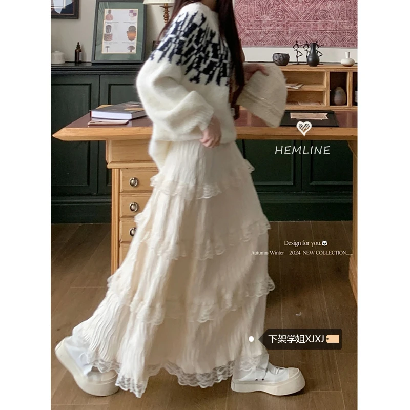 芭蕾风丝绒蛋糕裙半身裙女松紧高腰蕾丝半裙加厚温柔a字裙长裙