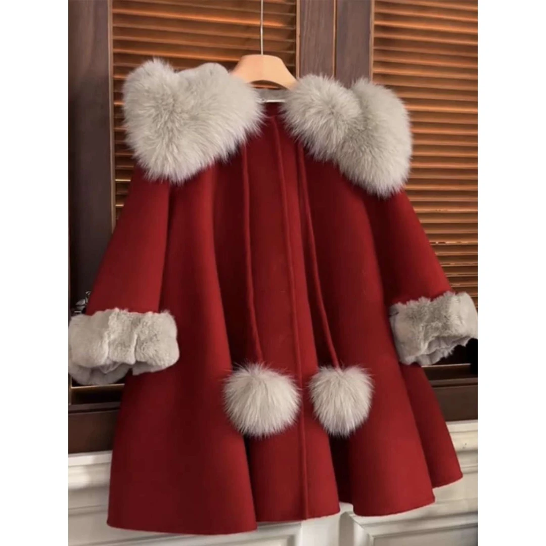 FAVMARTHA女童红色毛呢外套秋冬2025新款加绒加厚中大童斗篷拜年