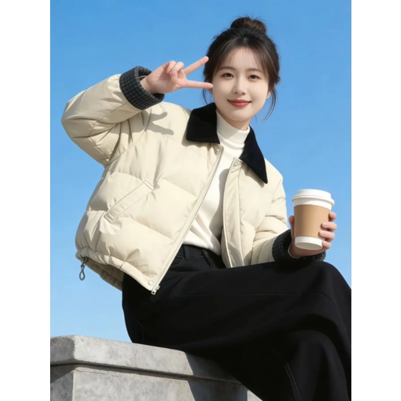 巨好看韩系米白色翻领短款面包服女2026冬季新款加厚保暖气质外套