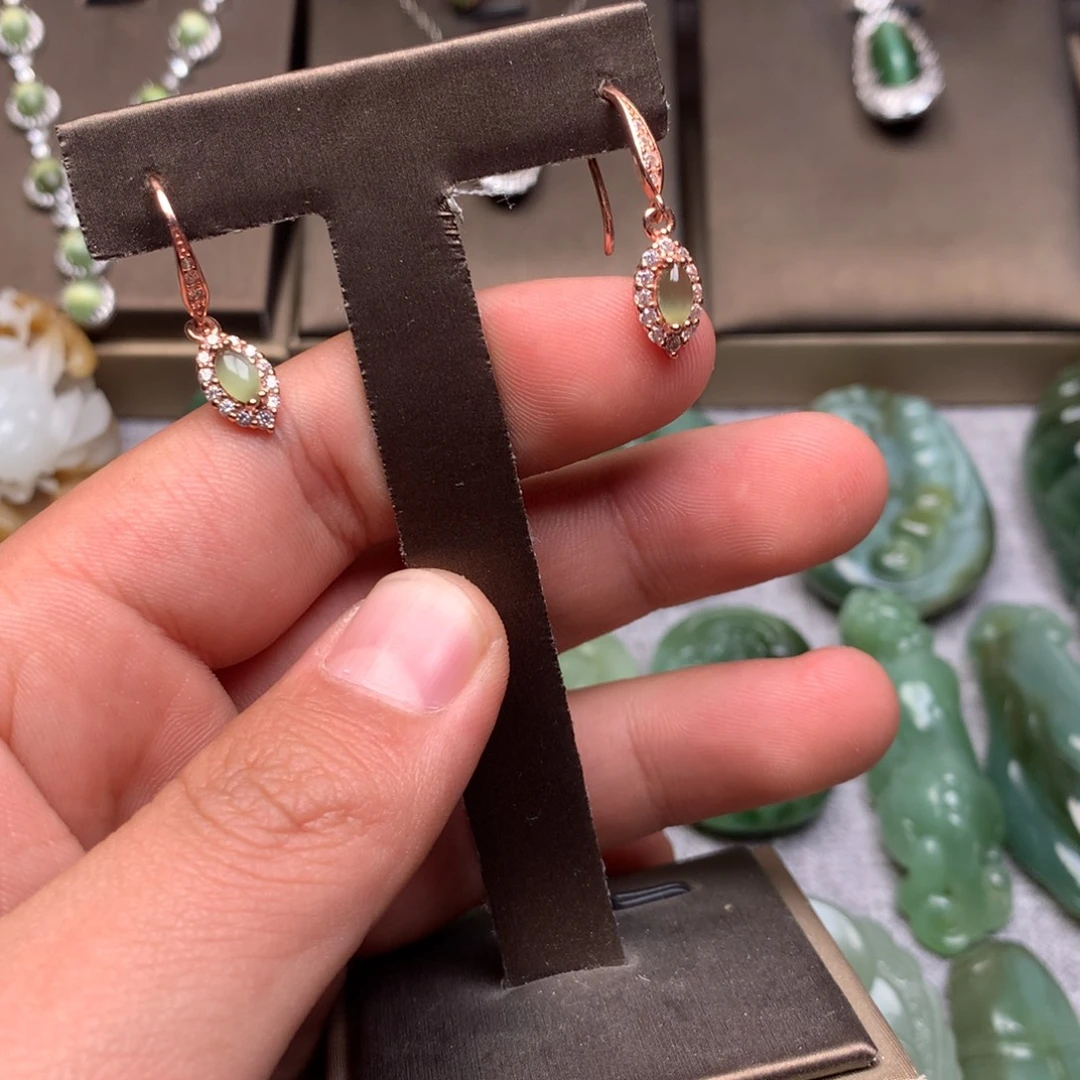 和田玉银S925镀金镶嵌耳饰