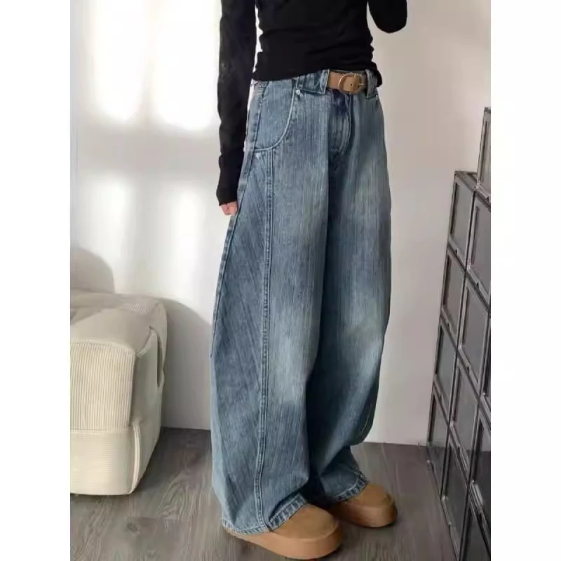 美式复古弯刀牛仔裤女春季新款大码胖mm高腰显瘦垂感阔腿镰刀裤子