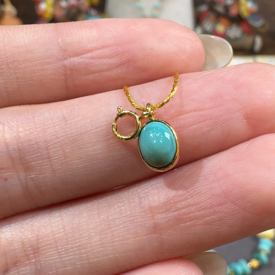 绿松石18K金镶嵌水波纹蛋面小滴流