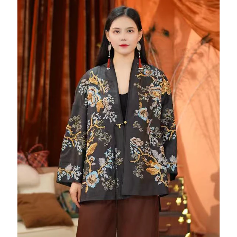 喜上眉梢短外套新中式刺绣亮片开衫女立领夏季太太服2481023-1