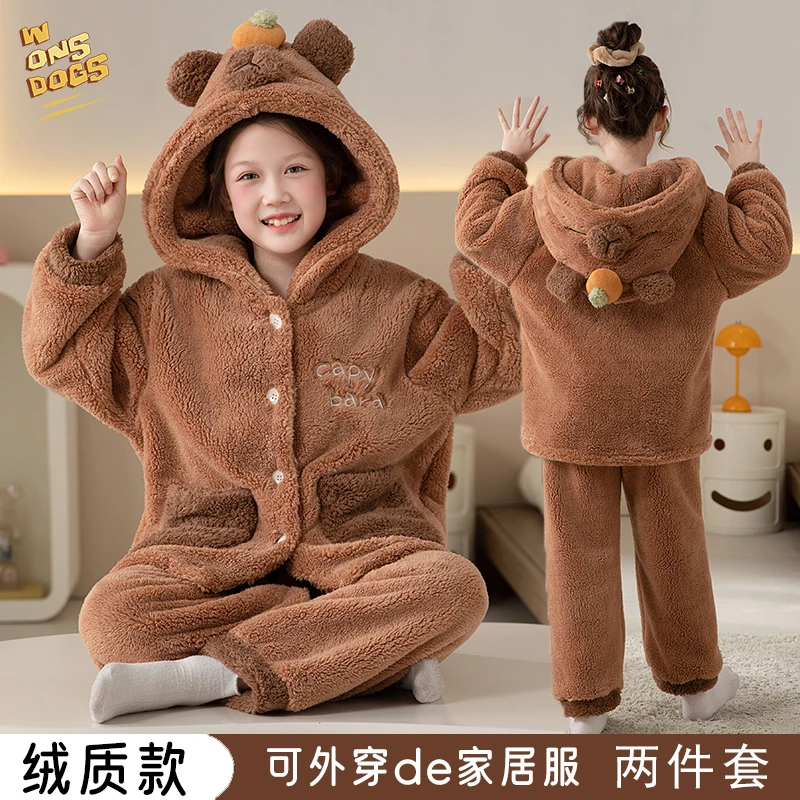 女童秋冬保暖珊瑚绒加厚卡通连帽儿童睡衣家居服秋冬款2025爆款