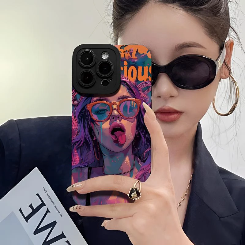 趣味吐舌女孩适用苹果16promax瞳眼手机壳15iPhone14新13全包12软